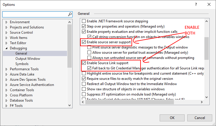 Visual Studio --> Options --> Debugging --> General and enable source server support, source link support, and fallback to Git credential manager