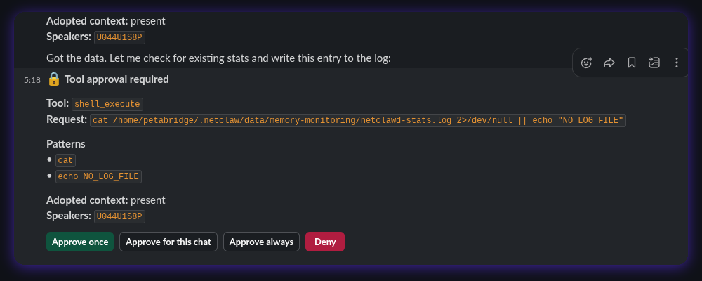 Netclaw approval prompt inside Slack, parsed and represented using SST